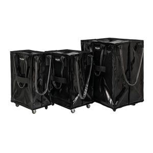 Three sizes of silver tote bags side by side for comparison