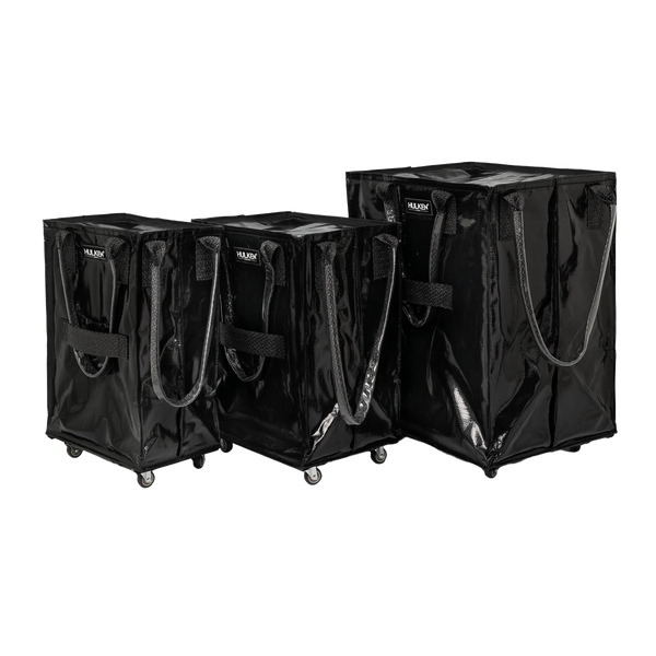 Three sizes of silver tote bags side by side for comparison