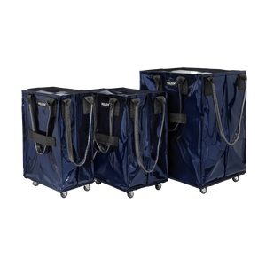 Three sizes of Midnight Blue Hulken tote bags displayed side by side