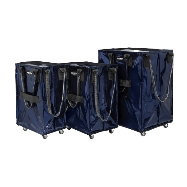 Three sizes of Midnight Blue Hulken tote bags displayed side by side