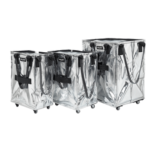 Three sizes of silver tote bags side by side for comparison